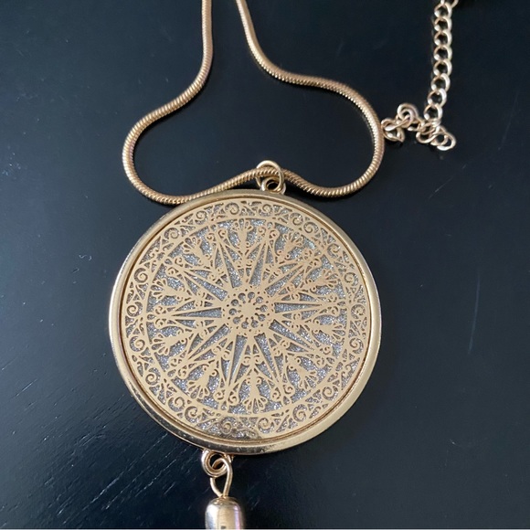 Boho Gold Medallion Necklace w/ Gold Fringe - Picture 3 of 4